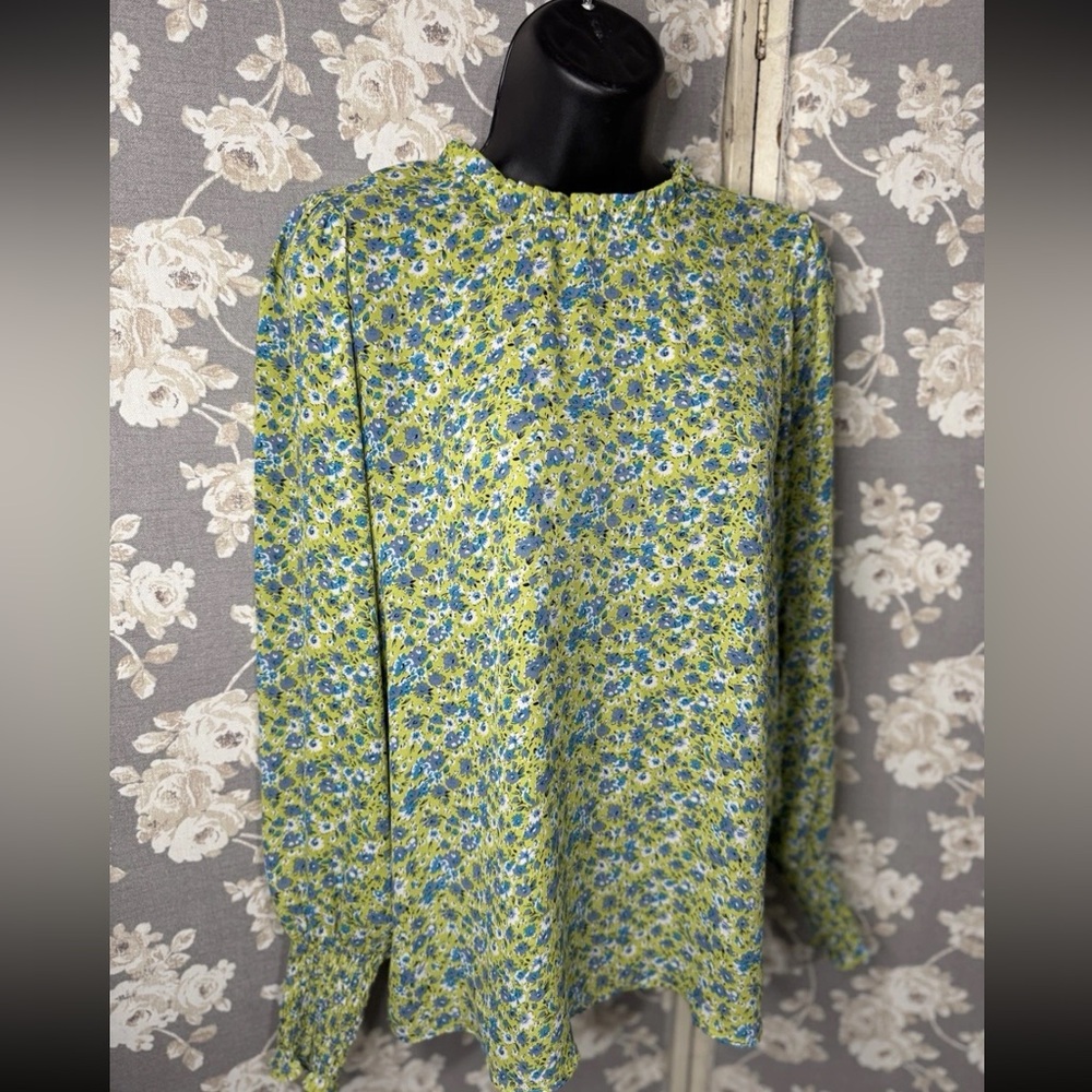 Rachel Zoe size Small Green Blue Chiffon Ruffle Neck Floral Puff Sleeve Blouse